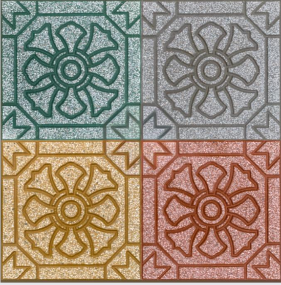 Gạch terrazzo hoa thị PD407 tổng hợp bốn màu xanh lá, xám, vàng và đỏ – mẫu gạch vỉa hè không nung bền đẹp, chống trơn trượt.