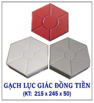 Gạch lục giác đồng tiền màu đỏ và xám kích thước 215x245x50mm dùng lát sân vườn, vỉa hè, lối đi